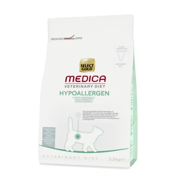 Select Gold Medica Veterinary Diet Hypoallergen kattenvoer zak, 2,5 kg, met een silhouet van een kat en tekst in meerdere talen.