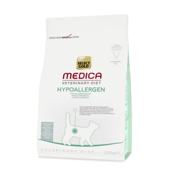 Select Gold Medica Veterinary Diet Hypoallergen Katzenfutterbeutel, 2,5 kg, mit einer Silhouette einer Katze und Text in mehreren Sprachen.