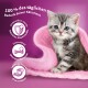 Ein graues Kätzchen mit blauen Augen sitzt auf einer rosa Decke, umgeben von Text über Gesundheitsvorteile für Katzen.