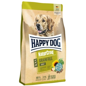 Happy Dog NaturCroq Grainfree Adult Hundefuttertüte mit einem Golden Retriever auf der Vorderseite, mit Text, der die getreidefreie Formel hervorhebt.