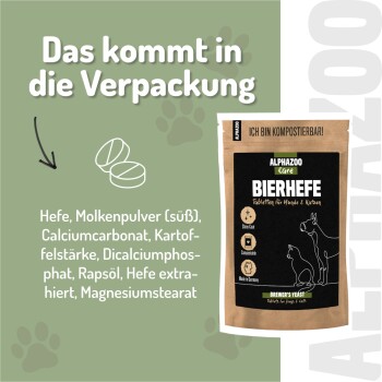 Verpackung von ALPHAZOO Care Bierhefe-Tabletten für Hunde und Katzen, mit Text über chemiefrei und umweltfreundlich.