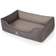Ein plüschiges, rechteckiges Haustierbett in Grau und Beige mit einem gerippten Design, mit dem Markennamen 'KNUFFELWUFF' auf der Vorderseite.