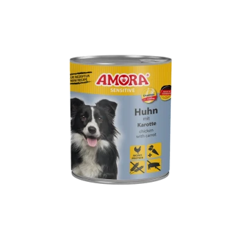 Dose AMORA Sensitive Hundefutter mit der Beschriftung 'Huhn mit Karotte / chicken with carrot', zeigt einen schwarz-weißen Hund.