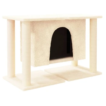 Cremefarbendes Katzenhaus mit weicher Textur, mit einem Torbogen-Eingang und zwei stabilen Pfosten, die eine flache Oberseite stützen.