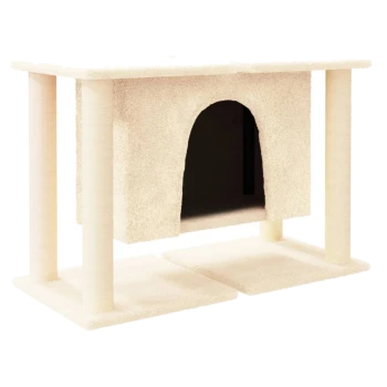 Cremefarbendes Katzenhaus mit weicher Textur, mit einem Torbogen-Eingang und zwei stabilen Pfosten, die eine flache Oberseite stützen.