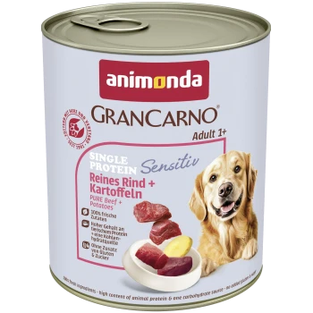 Dose Animonda GranCarno Hundefutter — Single Protein Sensitiv: Reines Rind + Kartoffeln, fröhlicher Hund