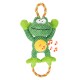 Grünes Plüschfroschspielzeug mit einem gelben Bauch und einem Seilgriff, mit musikalischen Noten, perfekt für die Spielzeit mit Haustieren.