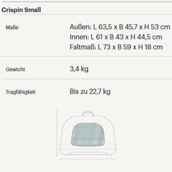Crispin kleine Haustiertrage: außen 63,5x45,7x53 cm, innen 61x43x44,5 cm, Gewicht 3,4 kg, Kapazität 22,7 kg.