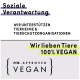 Bild, das ein veganes Tiergeschäft mit dem Text bewirbt: "Soziale Verantwortung", "Unterstützen Tierheime", "100% VEGAN" und einem PETA-zugelassenen Logo.