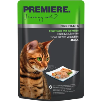 Katzenfutterbeutel mit einer Bengal-Katze, beschriftet mit "PREMIERE. Ich liebe meine Katze," mit "Thunfisch mit Gemüse" in Gelee.