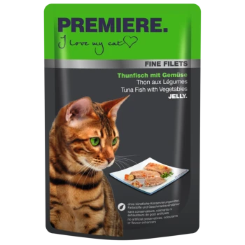Cat food pouch featuring a Bengal cat, labeled "PREMIERE. I love my cat," with "Thunfisch mit Gemüse" (Tuna Fish with Vegetables) in jelly.