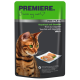 Pochette de nourriture pour chat avec un chat Bengal, étiquetée "PREMIERE. J'aime mon chat," avec "Thunfisch mit Gemüse" (Thon avec légumes) en gelée.