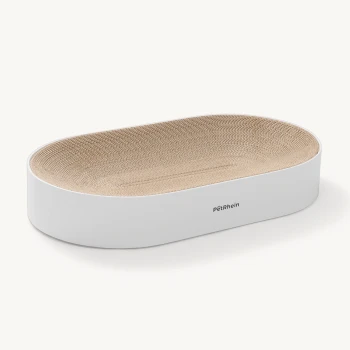 Kratzpappe Zen Paw Series braun/ weiß Ein moderner, ovaler Kratzbaum für Katzen mit einem weißen Sockel und einer strukturierten, beigen Kratzfläche, die den Markennamen "pëtRhein" trägt.