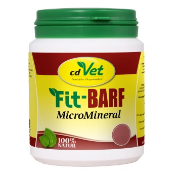 Behälter von cdVet Fit-BARF MicroMineral, einem Haustier-Nahrungsergänzungsmittel, mit einem grünen Deckel und einem gelben Etikett mit dem Text "100% NATUR".