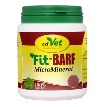 Behälter von cdVet Fit-BARF MicroMineral, einem Haustier-Nahrungsergänzungsmittel, mit einem grünen Deckel und einem gelben Etikett mit dem Text "100% NATUR".