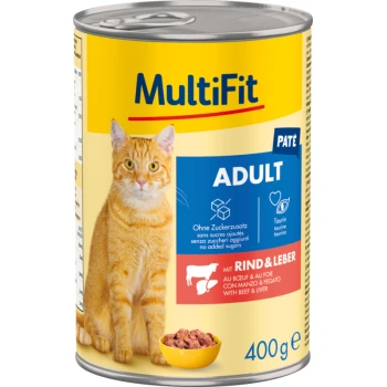 Dose mit MultiFit Katzenfutter, mit einer orangefarbenen Tabby-Katze, beschriftet 'Adult Paté' mit Rind und Leber, 400g, ohne zugesetzten Zucker.