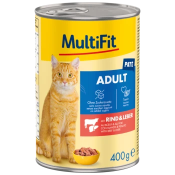 Boîte de nourriture pour chat MultiFit avec un chat tigré orange, étiquetée "Adult Paté" avec du bœuf et du foie, 400g, sans sucres ajoutés.