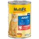 Dose mit MultiFit Katzenfutter, mit einer orangefarbenen Tabby-Katze, beschriftet 'Adult Paté' mit Rind und Leber, 400g, ohne zugesetzten Zucker.