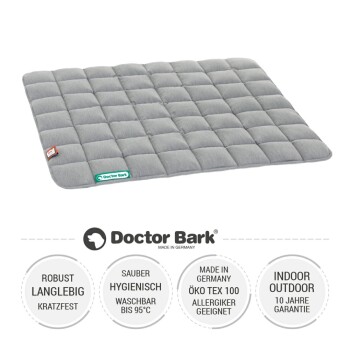 Grau Haustiermatte mit gestepptem Design, beschriftet mit "Doctor Bark", mit Text über Haltbarkeit, Hygiene und Pflegehinweise.