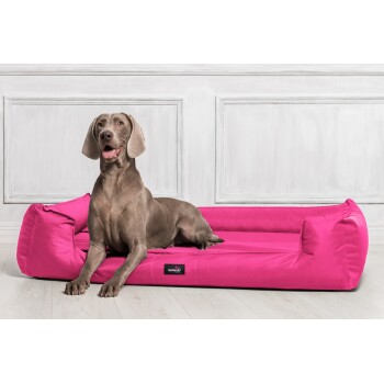 Ein grauer Hund, der auf einem hellrosa Hundebett mit einem schwarzen Etikett mit der Aufschrift "tierlando" auf einem hellen Holzboden und einer weißen Wand entspannt.