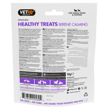 Back of VETIQ Healthy Treats Serene Calming resealable bag for small dogs and puppies, 50g, with feeding guide and ingredients.