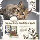 Eine verspielte Katze ruht neben zwei Dosen von Bettys Katzenfutter, das einen Teller mit Pastete zeigt und mit Text, der hochwertige Zutaten aus Deutschland hervorhebt.