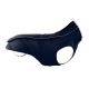 Navyblauer Hundemantel mit einer weichen weißen Fütterung, mit einem Reißverschluss und Öffnungen für die Beine des Hundes.