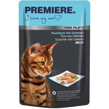 Fine Filets Thunfisch mit Calamari 24x100 g Katze Futterbeutel mit einem Bengal-Katze, beschriftet mit "Premiere. Ich liebe meine Katze" und "Thunfisch mit Tintenfisch in Gelee" auf Deutsch und Englisch.