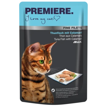 Cat food pouch featuring a Bengal cat, labeled "Premiere. I love my cat" with "Tuna Fish with Calamari in Jelly" in German and English.