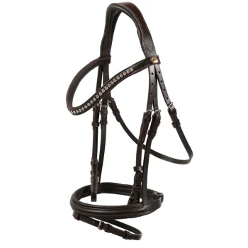 Braunes Lederpferdegeschirr mit einem dekorativen Strassstreifen, mit mehreren verstellbaren Riemen und einer glatten Oberfläche.