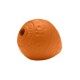 Oranges Gummihundespielzeug mit einer strukturierten Oberfläche und einem Loch in der Mitte, beschriftet mit "RUFFWEAR."