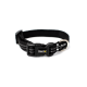 Schwarzes Haustierhalsband mit verstellbarem Schnallen und reflektierenden Streifen, mit einem metallenen D-Ring und "lionto"-Logo, 1,5 cm breit.