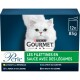 Boîte de nourriture pour chat Purina Gourmet Perle avec un chat blanc à poils longs, indique « Les filettines en sauce avec des légumes », 12 x 85 g