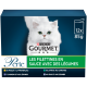 Boîte de nourriture pour chat Purina Gourmet Perle avec un chat blanc à poils longs, indique « Les filettines en sauce avec des légumes », 12 x 85 g