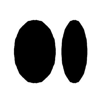 Zwei einfarbig schwarze Ovale auf weißem Hintergrund, größeres Oval links und schmales Oval rechts; kein sichtbarer Text