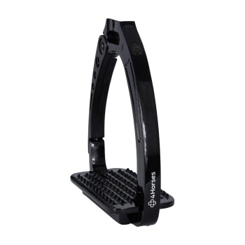 Schwarzer Pferdesteg mit einer strukturierten Fußfläche, auf der Seite mit dem Logo '4 Horses'.