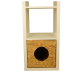 Weites Holzregal für Haustiere mit einem geflochtenen Korbfach und einem runden Eingang, ideal für kleine Haustiere.