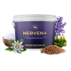 Lila Dose mit der Aufschrift 'NERVEN+' und 'PFERDEGOLD', umgeben von Lavendel, Passionsblume, einer Schale Salz und einem Haufen Leinsamen.