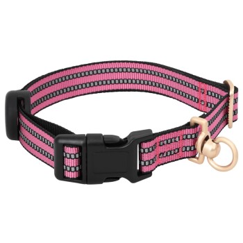 Rosa und schwarz gestreifter Haustierhalsband mit einer schwarzen Schnalle und einem goldenen D-Ring zur Leinenbefestigung.