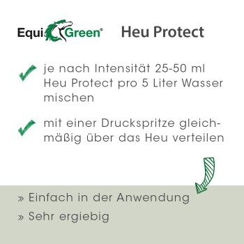 Produktbild von EquiGreen Heu Protect mit Anweisungen: 25-50 ml mit 5 Litern Wasser mischen, gleichmäßig auf Heu auftragen. Einfach zu verwenden und sehr wirtschaftlich.