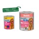 Deux boîtes d'aliments pour chiens MultiFit (ancien et nouveau design), 'Favourites ADULT 1+' Jambon avec cœurs de bœuf, l'étiquette montre un chien brun.