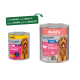 Zwei MultiFit Hundefutterdosen (altes und neues Design), 'Favourites ADULT 1+' Schinken mit Rinderherzen, Etikett zeigt einen braunen Hund.