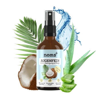 Braune "noms+ AUGENFEIN 2-in-1 Reinigung & Pflege" Sprühflasche mit Designs von Kokosnuss und Aloe Vera, umgeben von Palmblättern.