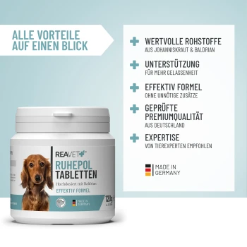 Behälter mit REAVET Ruhepol Tabletten für Hunde, 120g, mit einem Hundebild, mit Text, der auf die hohe Dosierung mit Baldrian hinweist.