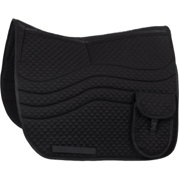 Schwarzes, gestepptes Sattelpad mit einer strukturierten Oberfläche und einer Seitentasche, entworfen für den Reitsport.