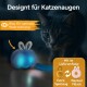 Ein verspieltes blaues Katzenspielzeug mit leuchtenden Augen und Hasenohren, das optimale Sichtbarkeit und ein zusätzliches austauschbares Plüschteil bietet.