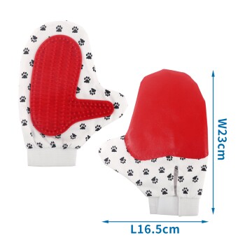 Rote Haustierpflegehandschuhe mit Pfotenabdruckdesign, 16,5 cm lang und 23 cm breit.