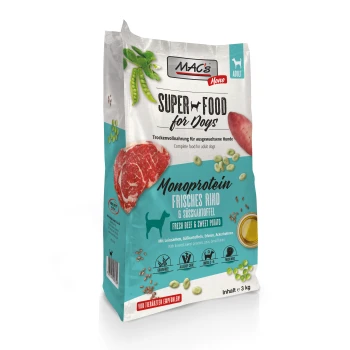 Hunde-Futterbeutel mit der Aufschrift 'MAC's Super Food for Dogs', mit frischem Rindfleisch und Süßkartoffel, mit Details zu Zutaten und Vorteilen.