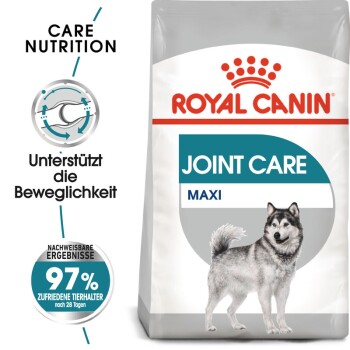 Royal Canin Joint Care Maxi Hundefutterbeutel mit einer Illustration eines sibirischen Huskys, mit Text, der die Pflegeernährung und eine Zufriedenheitsrate von 97 % hervorhebt.