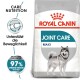 Royal Canin Joint Care Maxi Hundefutterbeutel mit einer Illustration eines sibirischen Huskys, mit Text, der die Pflegeernährung und eine Zufriedenheitsrate von 97 % hervorhebt.